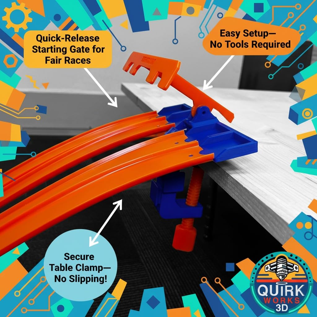 TechConnext Monster Truck Track Clamp with 4-Lane Start Gate — Made in USA, Eco PLA, Blue/Orange