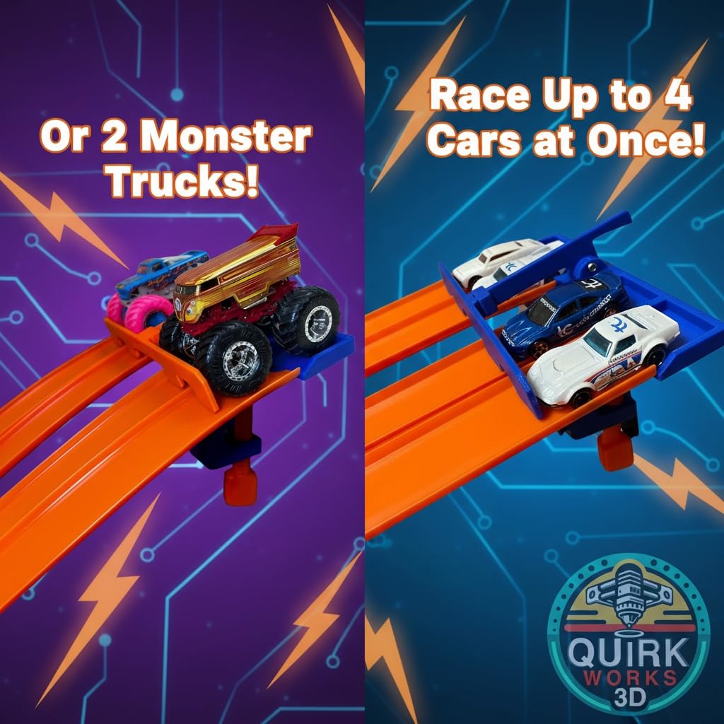 TechConnext Monster Truck Track Clamp with 4-Lane Start Gate — Made in USA, Eco PLA, Blue/Orange