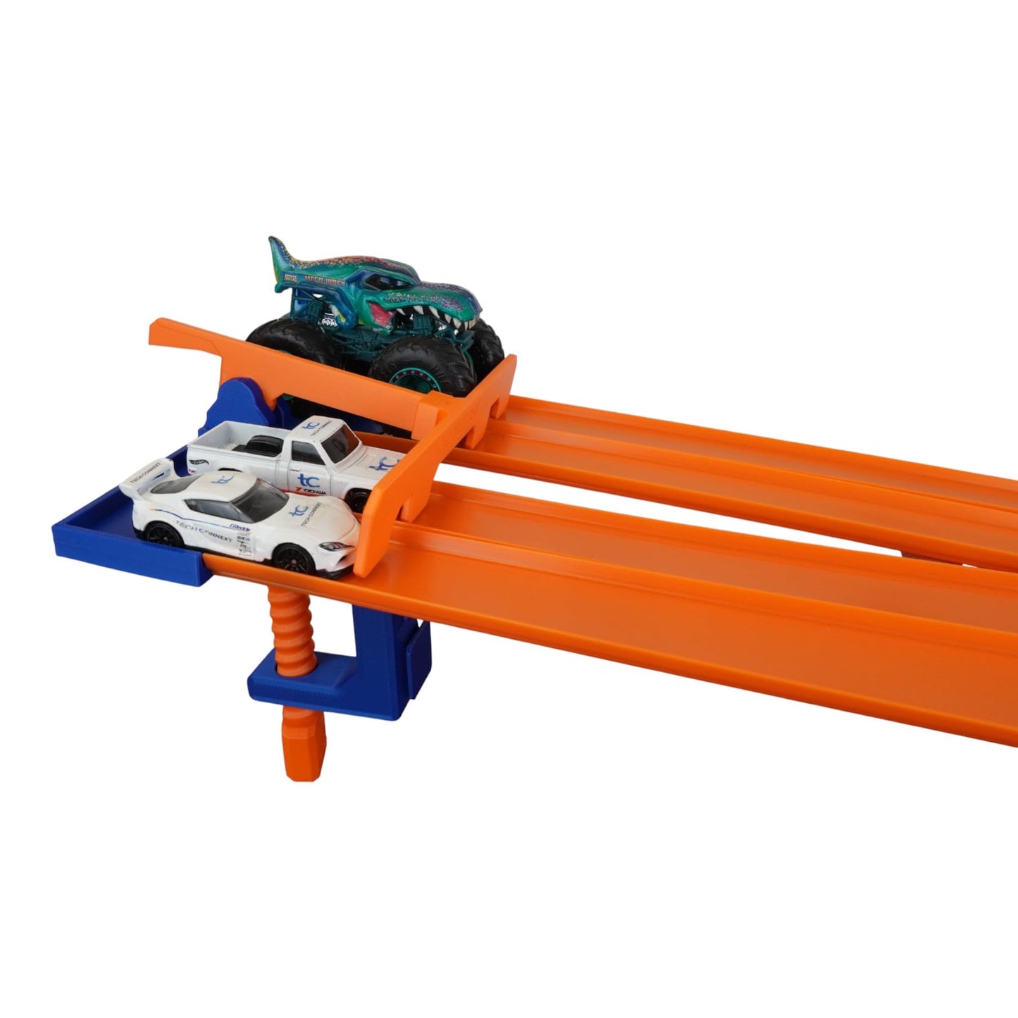 TechConnext Monster Truck Track Clamp with 4-Lane Start Gate — Made in USA, Eco PLA, Blue/Orange