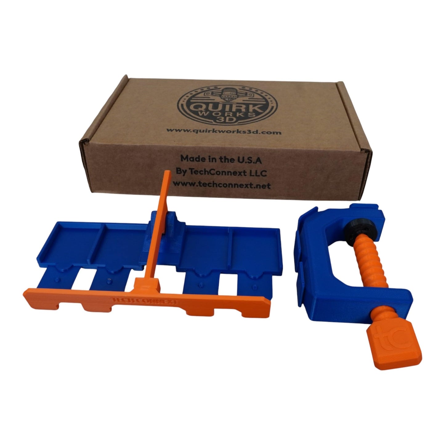 TechConnext Monster Truck Track Clamp with 4-Lane Start Gate — Made in USA, Eco PLA, Blue/Orange