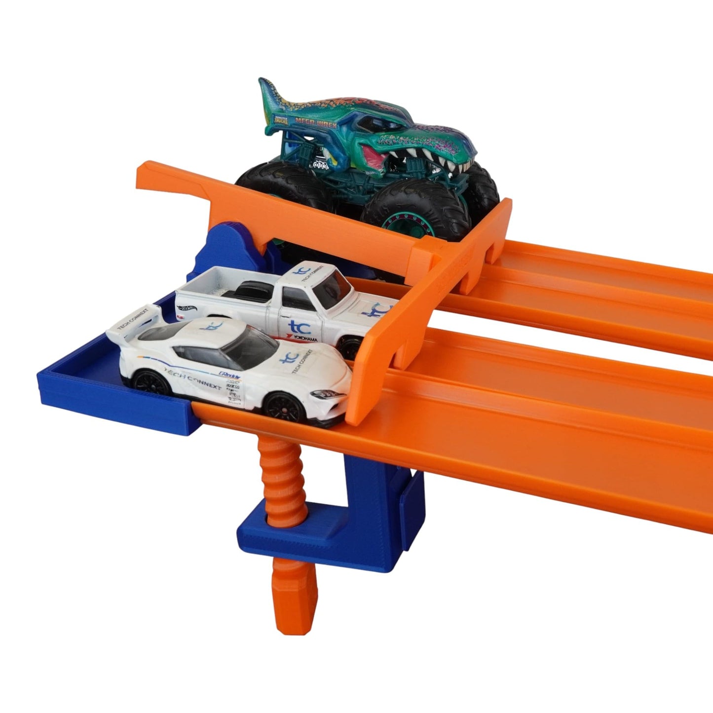 TechConnext Monster Truck Track Clamp with 4-Lane Start Gate — Made in USA, Eco PLA, Blue/Orange