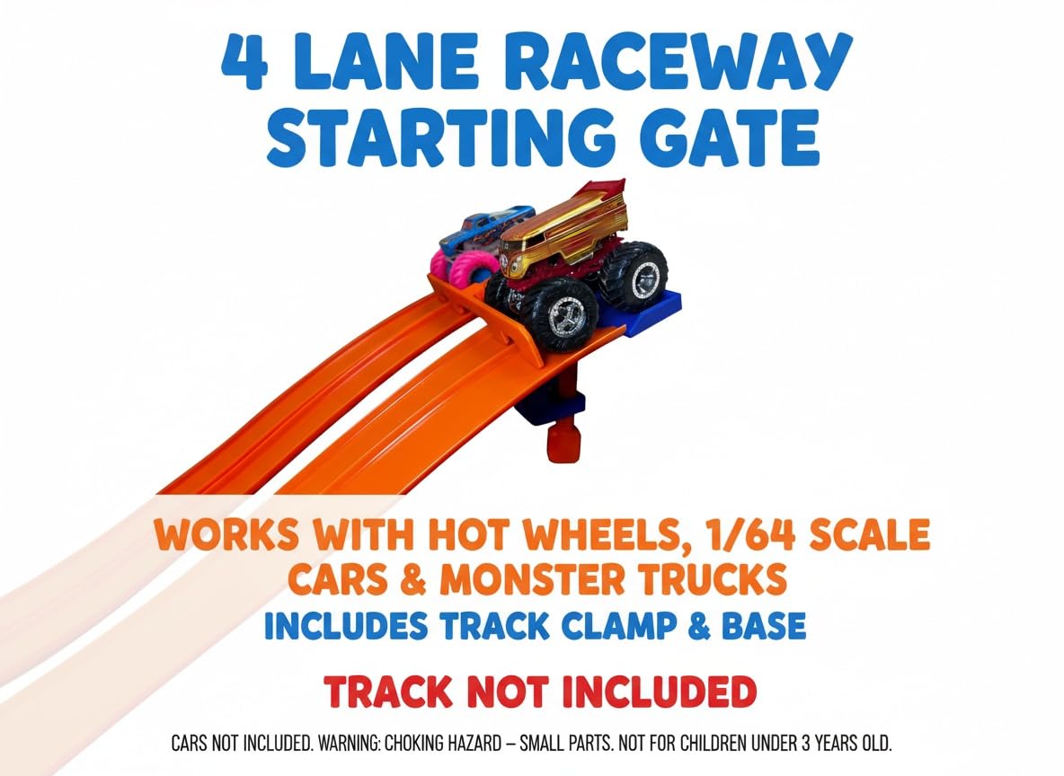 TechConnext Monster Truck Track Clamp with 4-Lane Start Gate — Made in USA, Eco PLA, Blue/Orange
