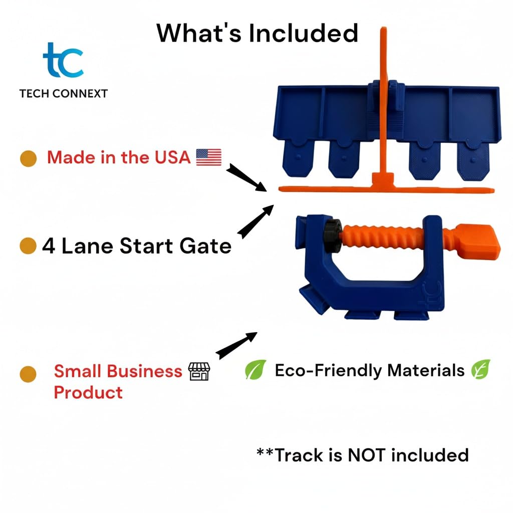 TechConnext Monster Truck Track Clamp with 4-Lane Start Gate — Made in USA, Eco PLA, Blue/Orange