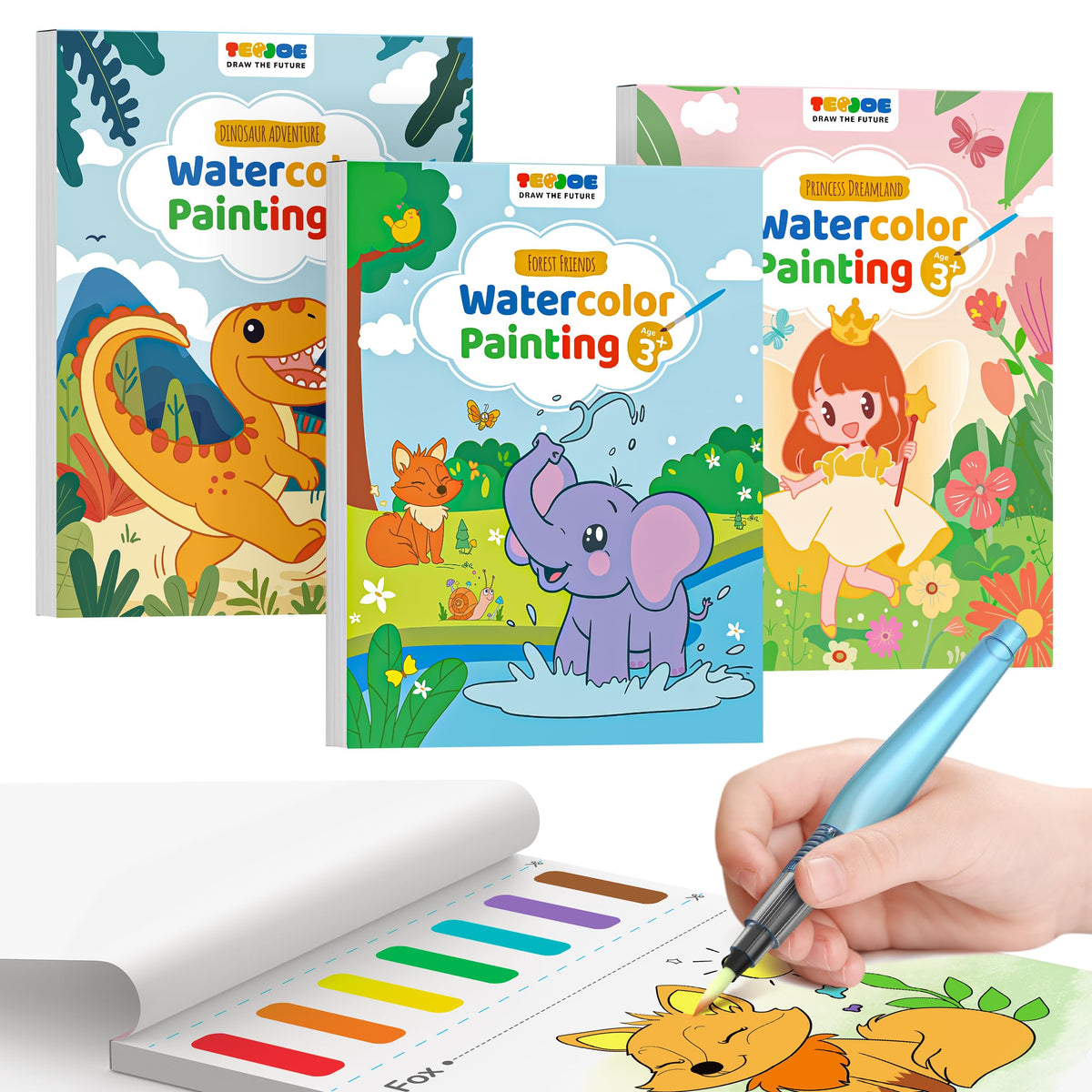 TECJOE 3-Pack Paint with Water Coloring Books – Forest, Dinosaurs & Princess (Ages 4-8)