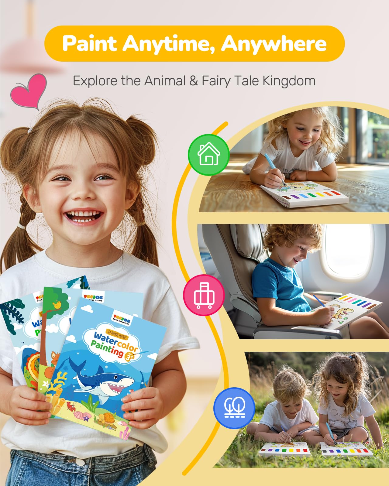 TECJOE 3-Pack Watercolor Painting Books for Toddlers – Mess-Free, Colorful Art Set