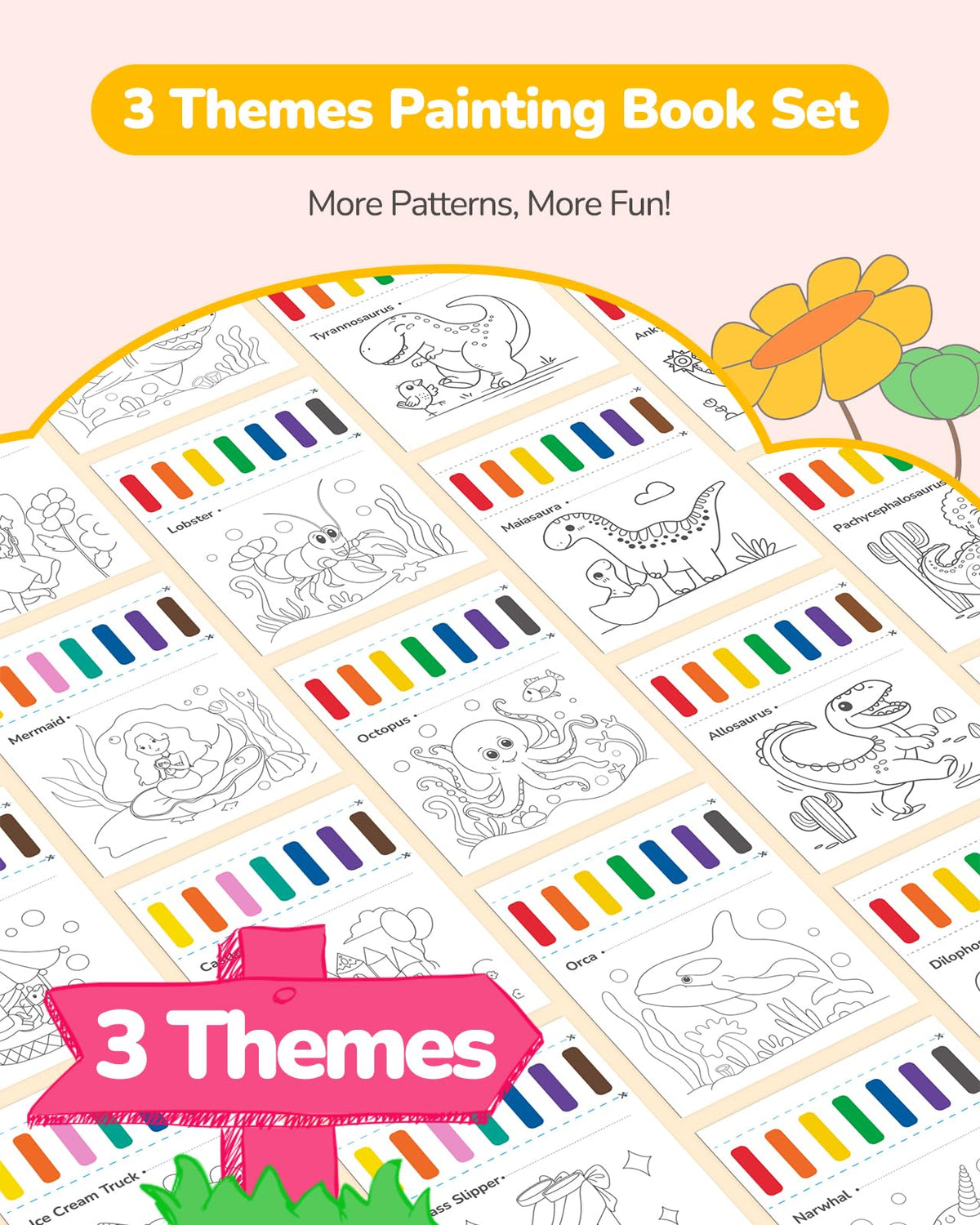 TECJOE 3-Pack Watercolor Coloring Books with 6 Brushes – Kids Art Set (Ages 4–8)