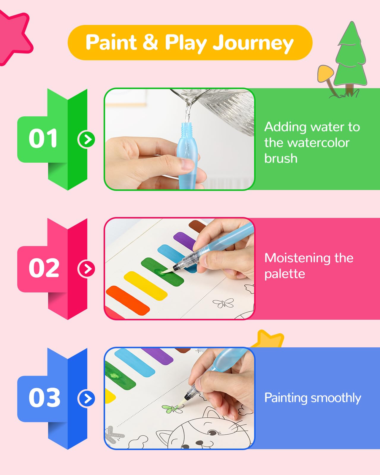 TECJOE Paint with Water Coloring Book for Kids – Alphabet Animals, 26 Pages, 3 Brushes, Mess-Free
