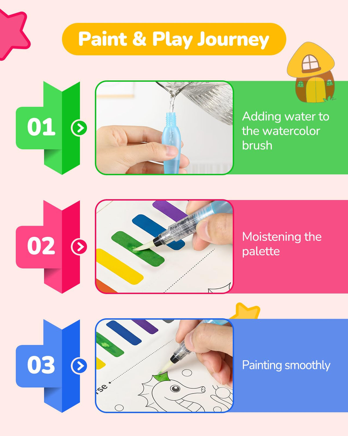 TECJOE 3-Pack Watercolor Coloring Books with 6 Brushes – Kids Art Set (Ages 4–8)