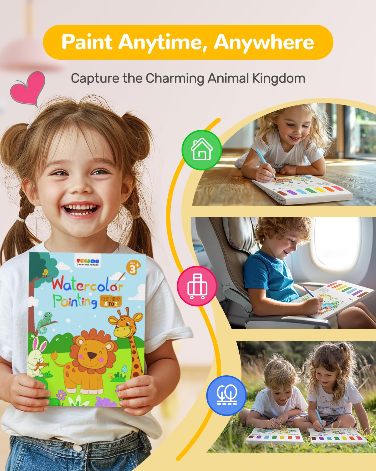TECJOE Paint with Water Coloring Book for Kids – Alphabet Animals, 26 Pages, 3 Brushes, Mess-Free