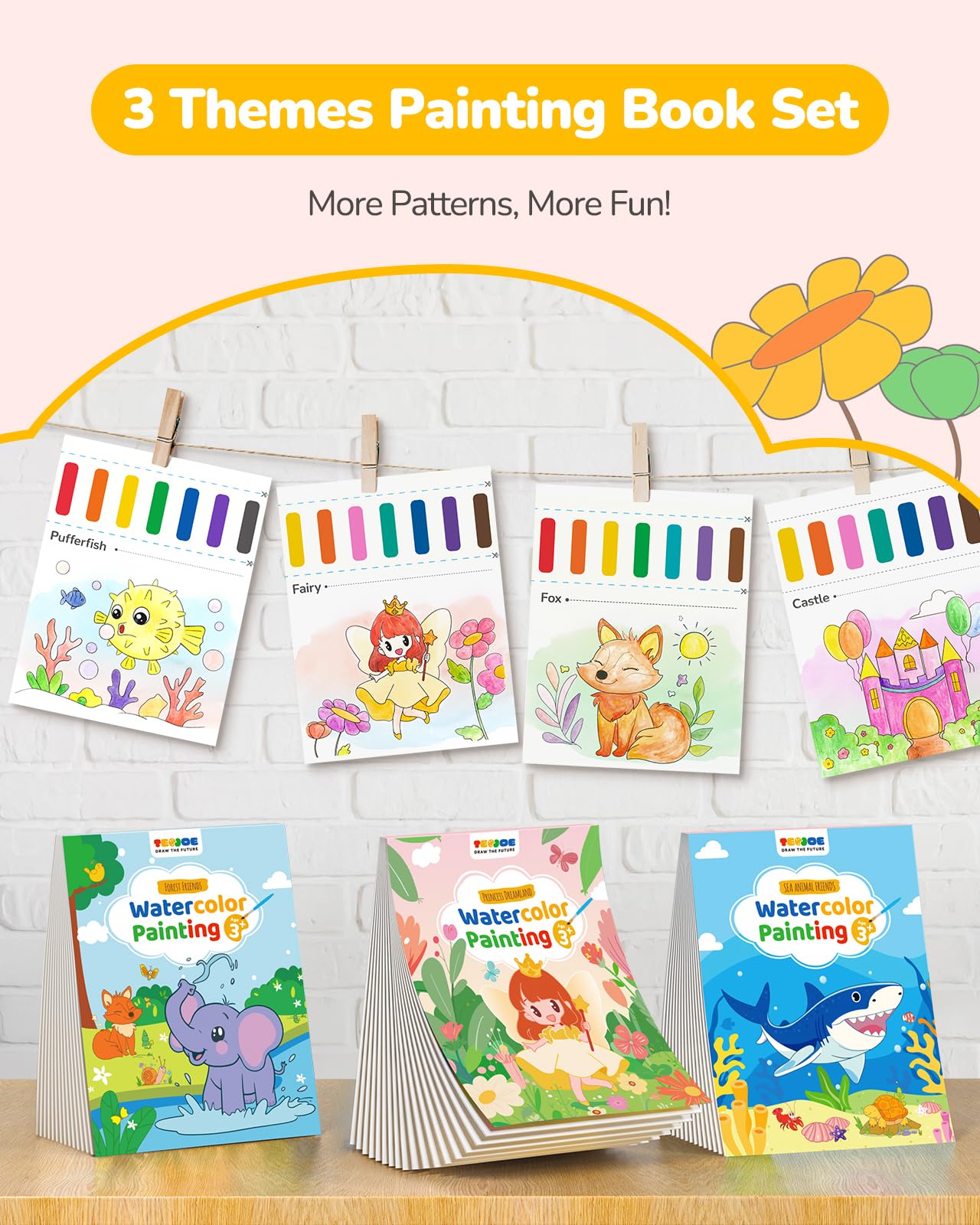 TECJOE 3-Pack Watercolor Coloring Books for Toddlers – Forest, Ocean, Princess & Dinosaur Themes