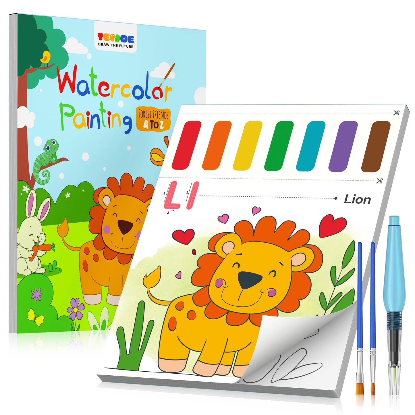 TECJOE Paint with Water Coloring Book for Kids – Alphabet Animals, 26 Pages, 3 Brushes, Mess-Free