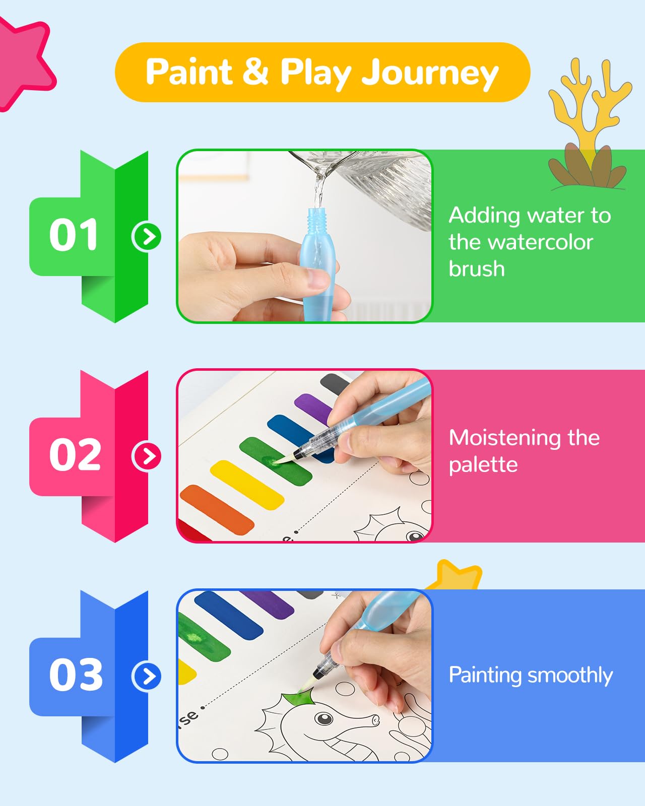 TECJOE Ocean Encounters Paint with Water Coloring Book Set for Kids — Mess-Free Marine Art