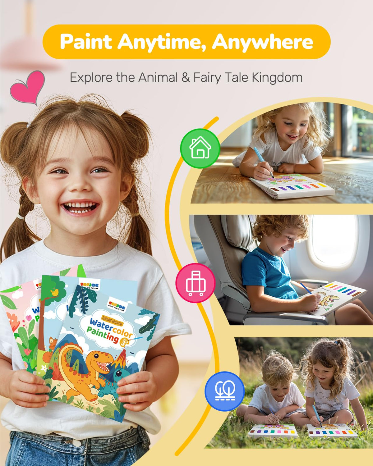 TECJOE 3-Pack Paint with Water Coloring Books – Forest, Dinosaurs & Princess (Ages 4-8)