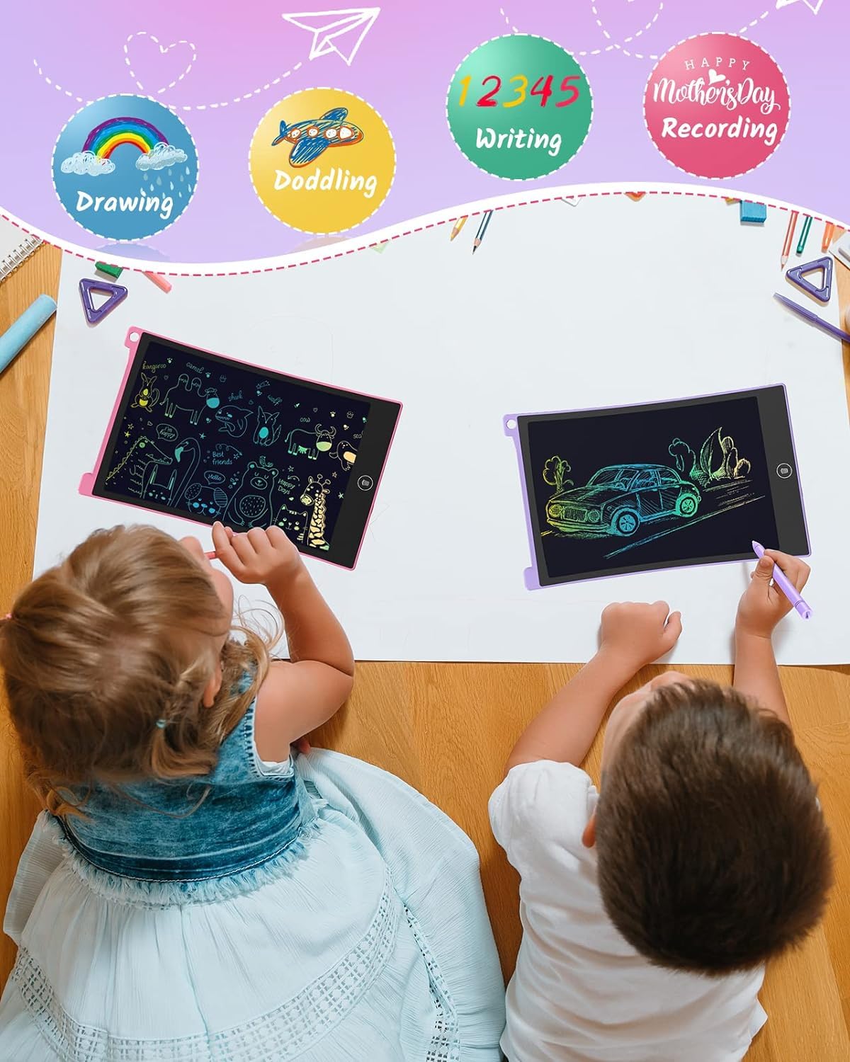 TECJOE 2 Pack LCD Writing Tablet — 8.5" Colorful Doodle Board for Kids, Travel & Learning