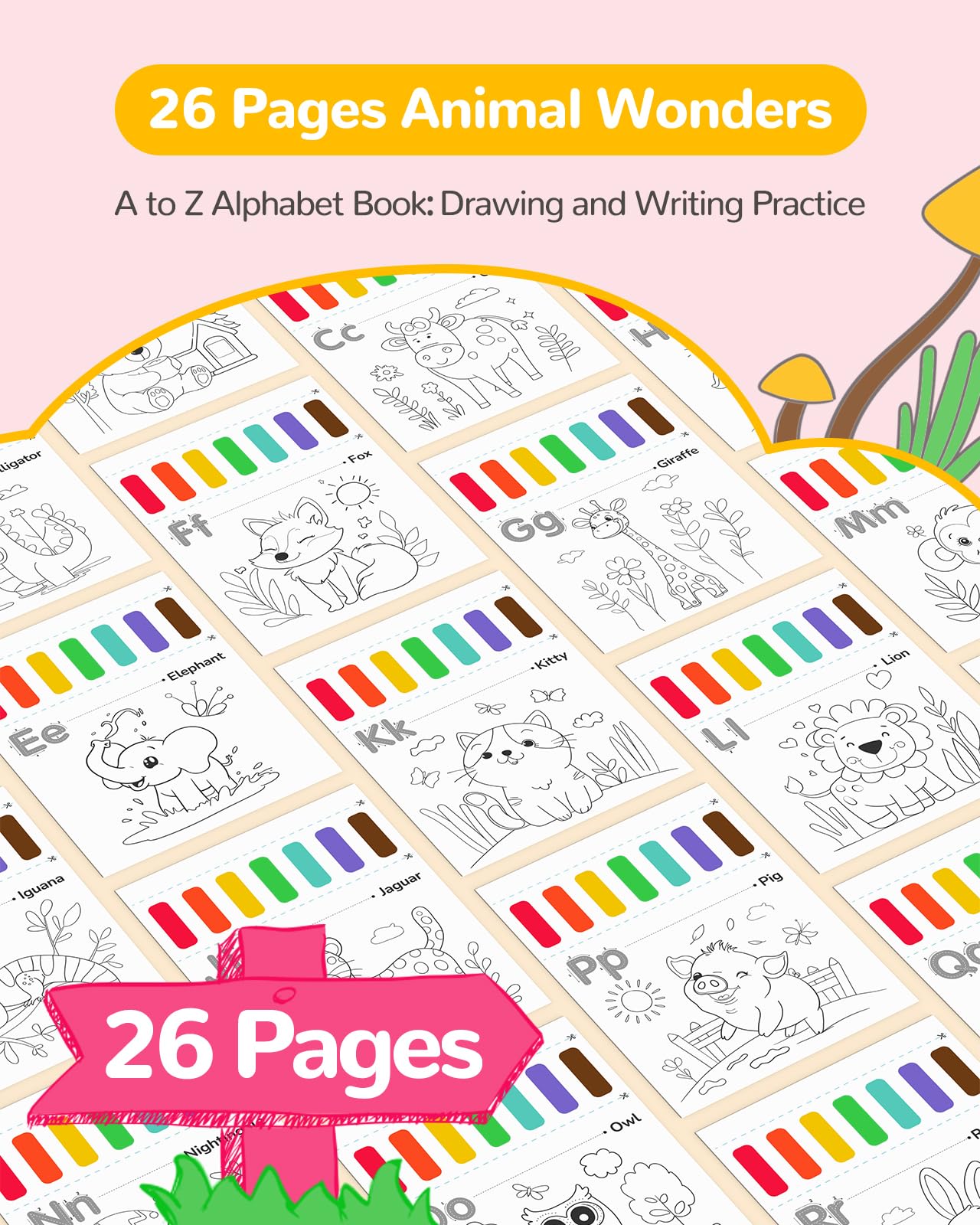 TECJOE Paint with Water Coloring Book for Kids – Alphabet Animals, 26 Pages, 3 Brushes, Mess-Free