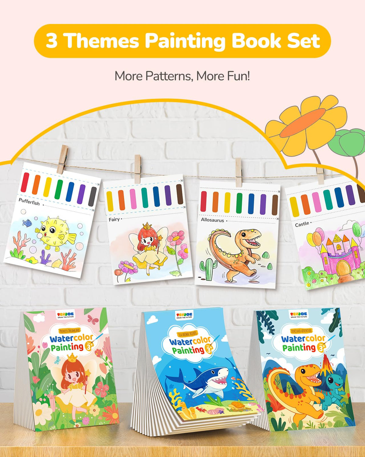 TECJOE 3-Pack Watercolor Coloring Books with 6 Brushes – Kids Art Set (Ages 4–8)