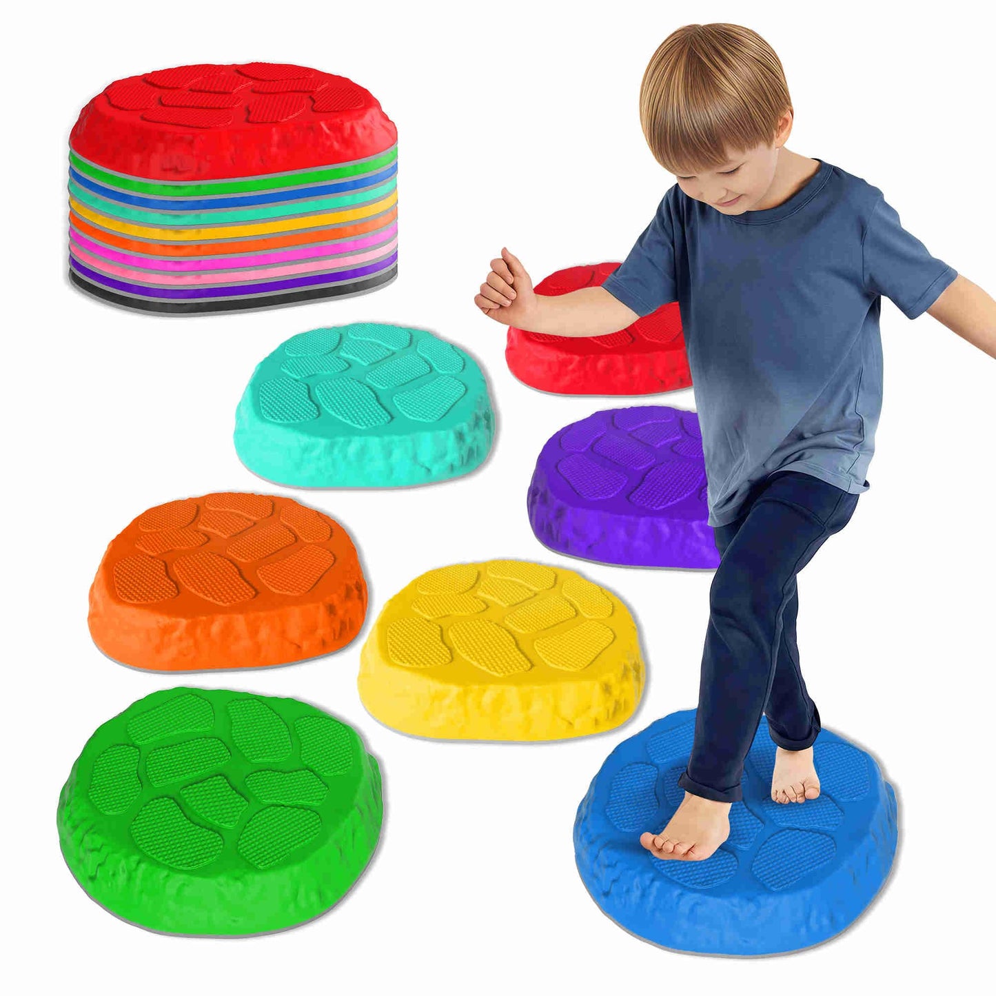 TECKMICO 10-Pack Stepping Stones for Kids - Non-Slip Balance Tiles for Indoor and Outdoor Play