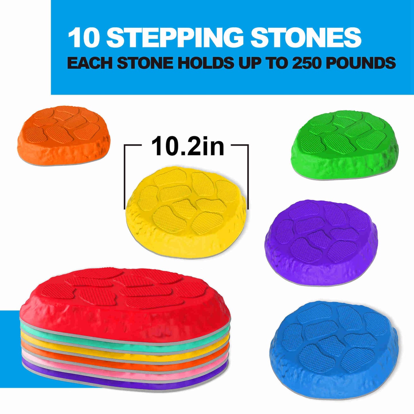 TECKMICO 10-Pack Stepping Stones for Kids - Non-Slip Balance Tiles for Indoor and Outdoor Play