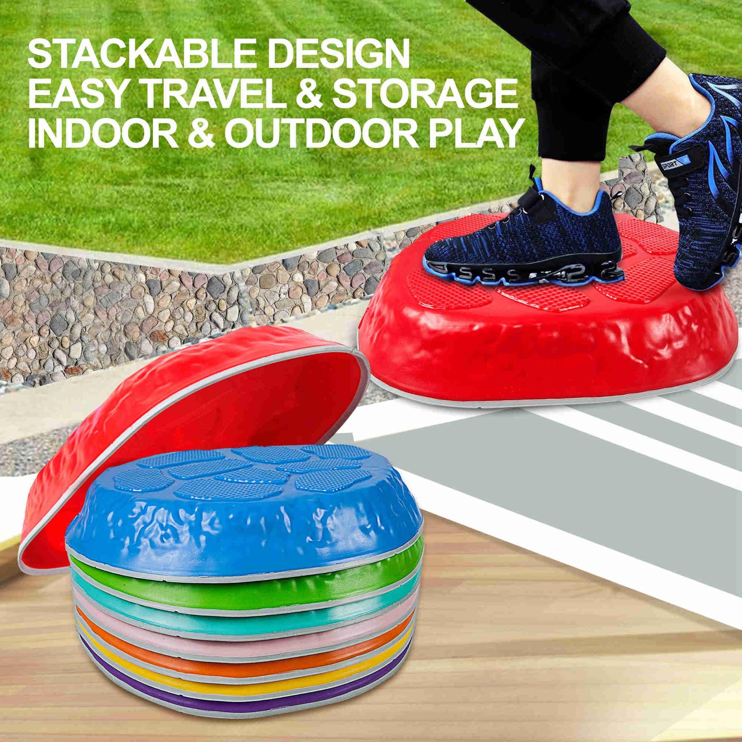 TECKMICO 10-Pack Stepping Stones for Kids - Non-Slip Balance Tiles for Indoor and Outdoor Play