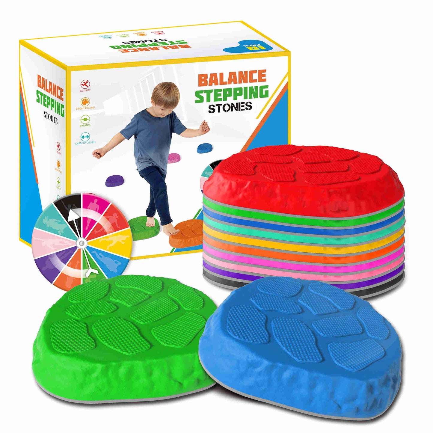 TECKMICO 10-Pack Stepping Stones for Kids - Non-Slip Balance Tiles for Indoor and Outdoor Play