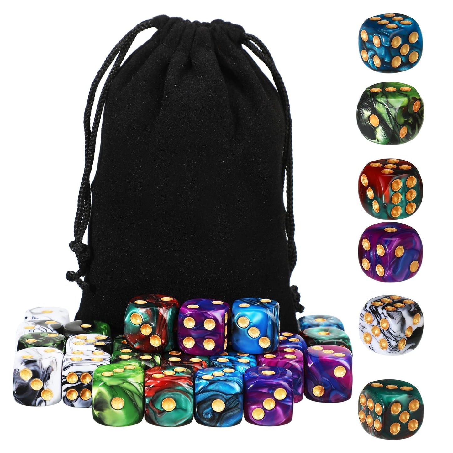TecUnite 25-Piece 6-Sided Polyhedral Dice Set with Black Pouch | Multicolor Game Dice