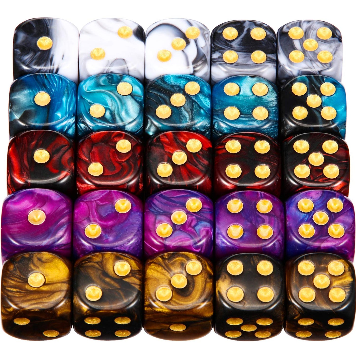 TecUnite 25-Piece 6-Sided Polyhedral Dice Set with Black Pouch – Vibrant Marble Colors