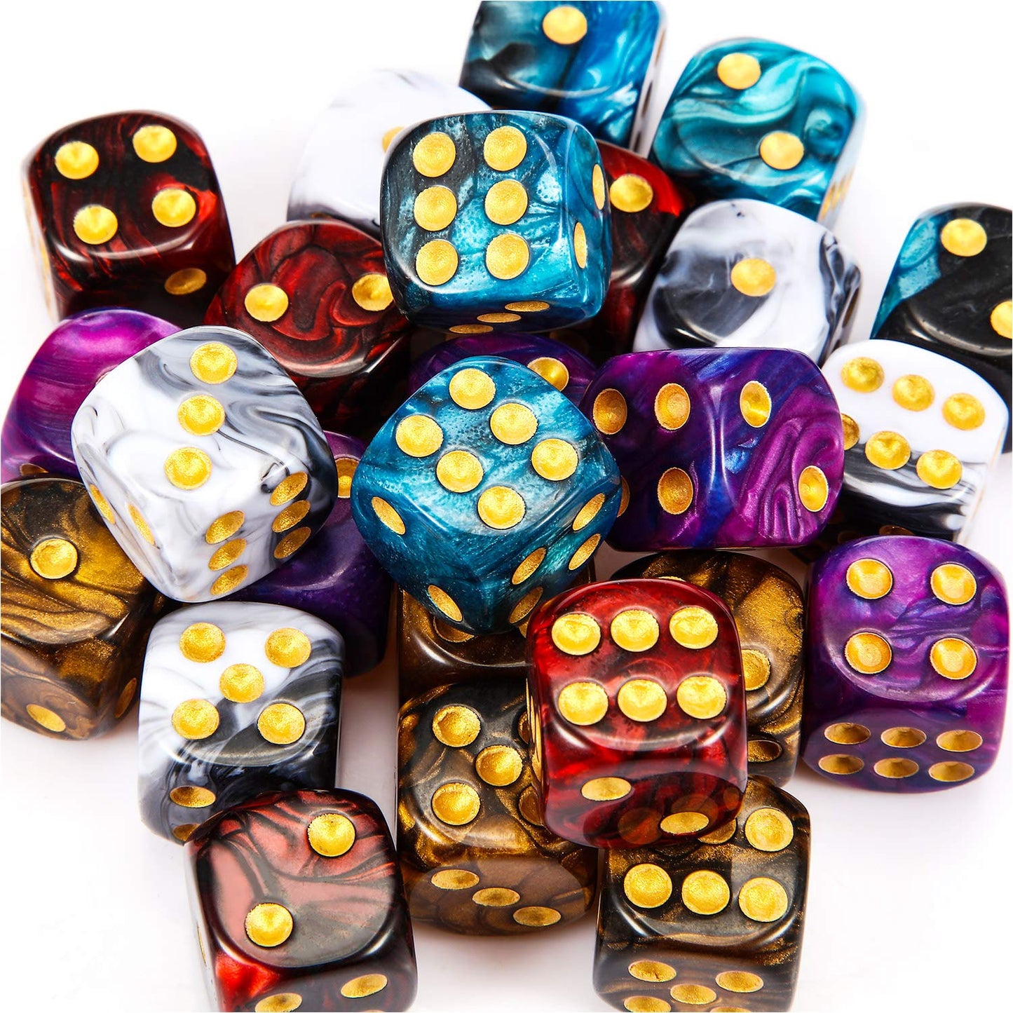 TecUnite 25-Piece 6-Sided Polyhedral Dice Set with Black Pouch – Vibrant Marble Colors