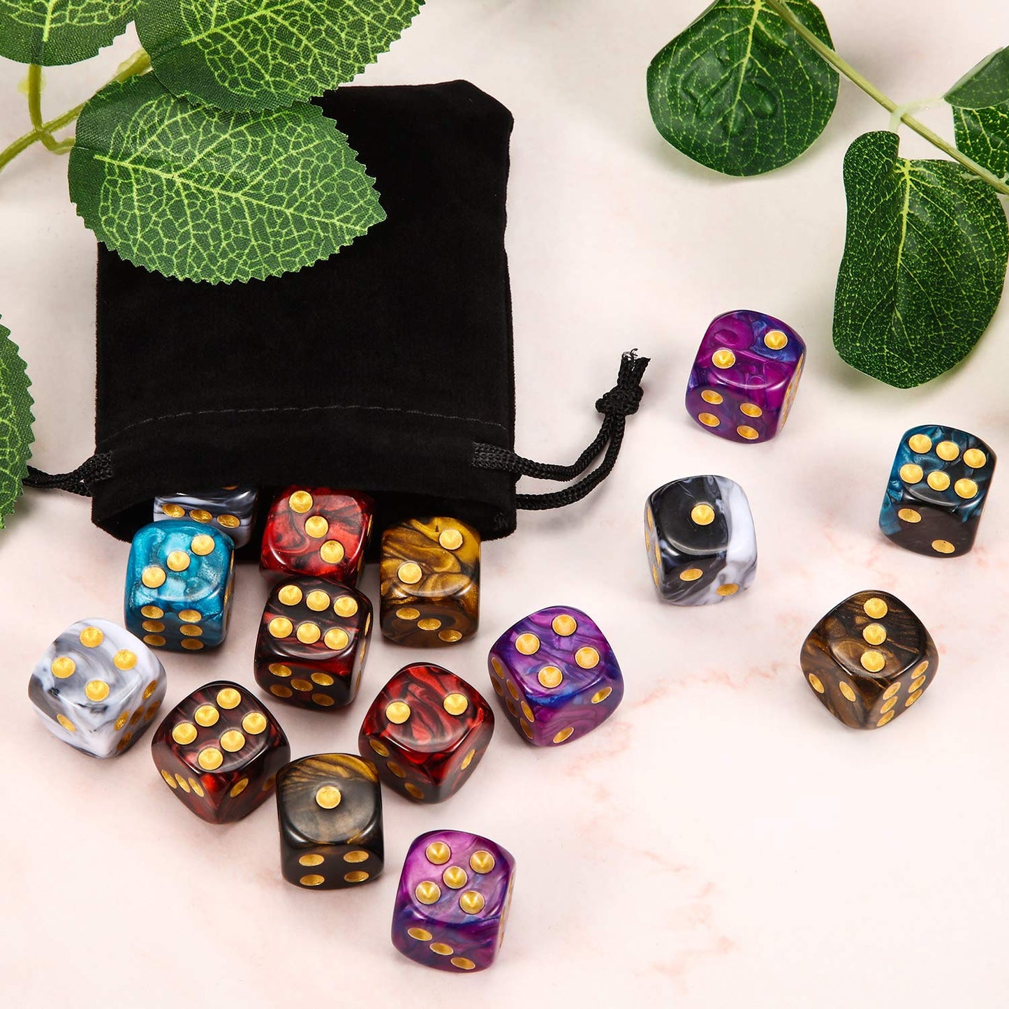 TecUnite 25-Piece 6-Sided Polyhedral Dice Set with Black Pouch – Vibrant Marble Colors