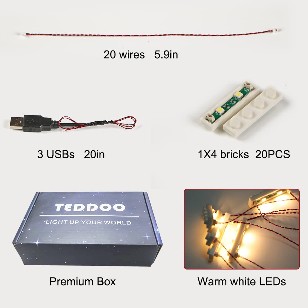 TEDDOO 20pcs 1X4 LED Lighting Kit — USB-Powered Lights for LEGO Bricks (Warm White)