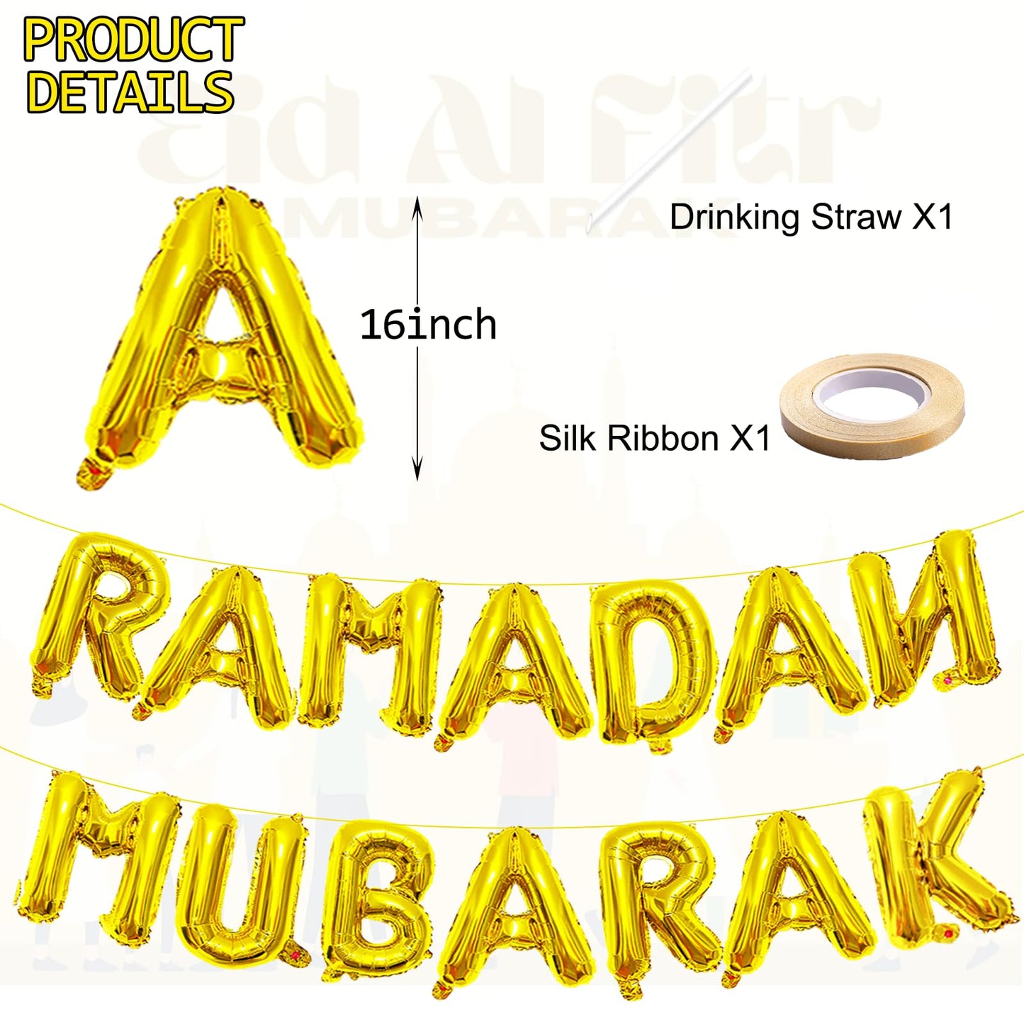 Tedercle 16-Inch Ramadan Mubarak Banner – Gold Mylar Balloons for Eid Decor