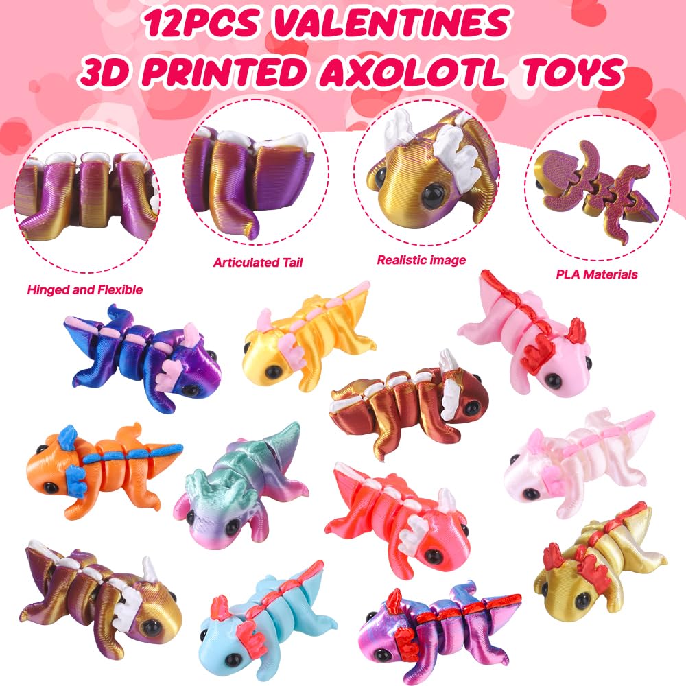 Teeanzo Valentines Day 24-Pack Axolotl 3D Printed Figurines with Cards – Classroom Gifts & Party Favors