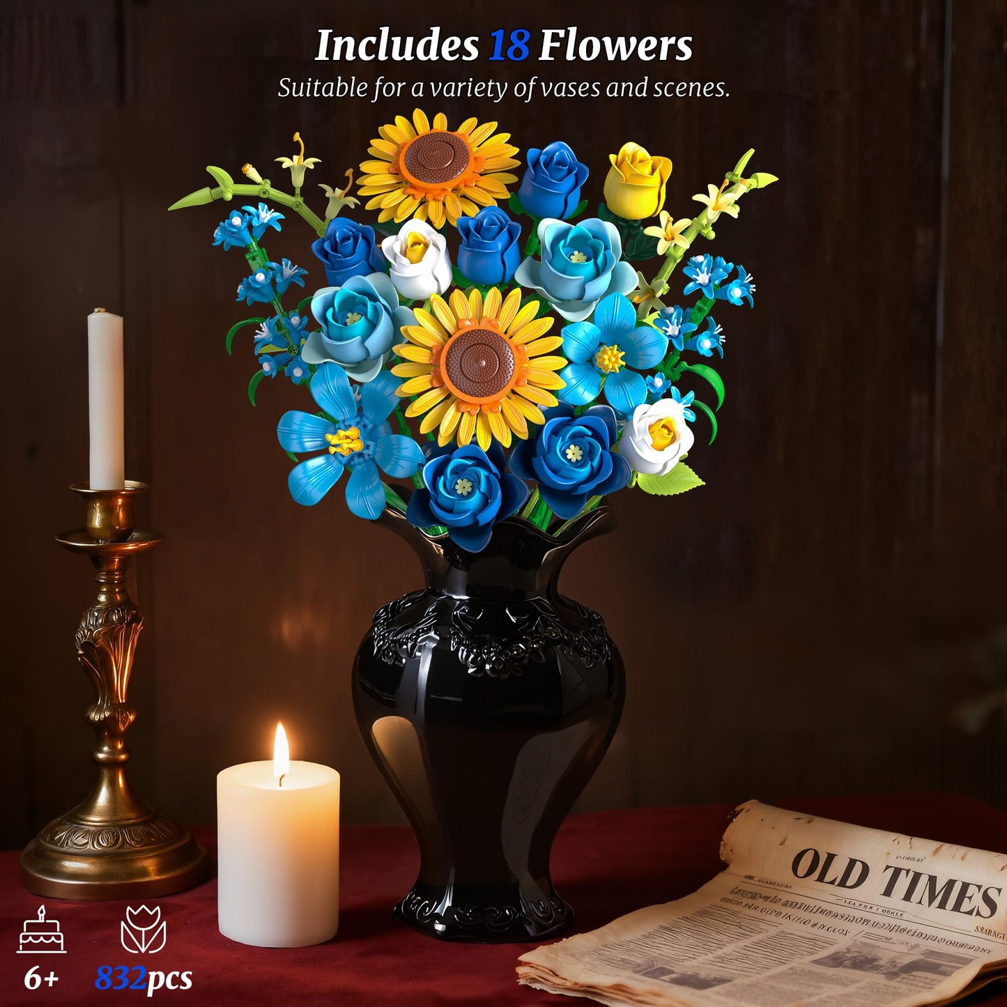 Teefrye Blue Rose Sunflower Building Block Set | Lego-Compatible Gothic Botanical Decor