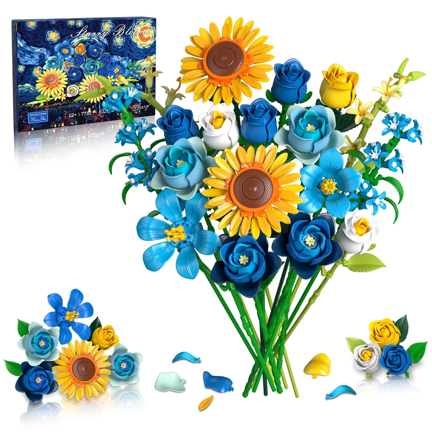 Teefrye Blue Rose Sunflower Building Block Set | Lego-Compatible Gothic Botanical Decor