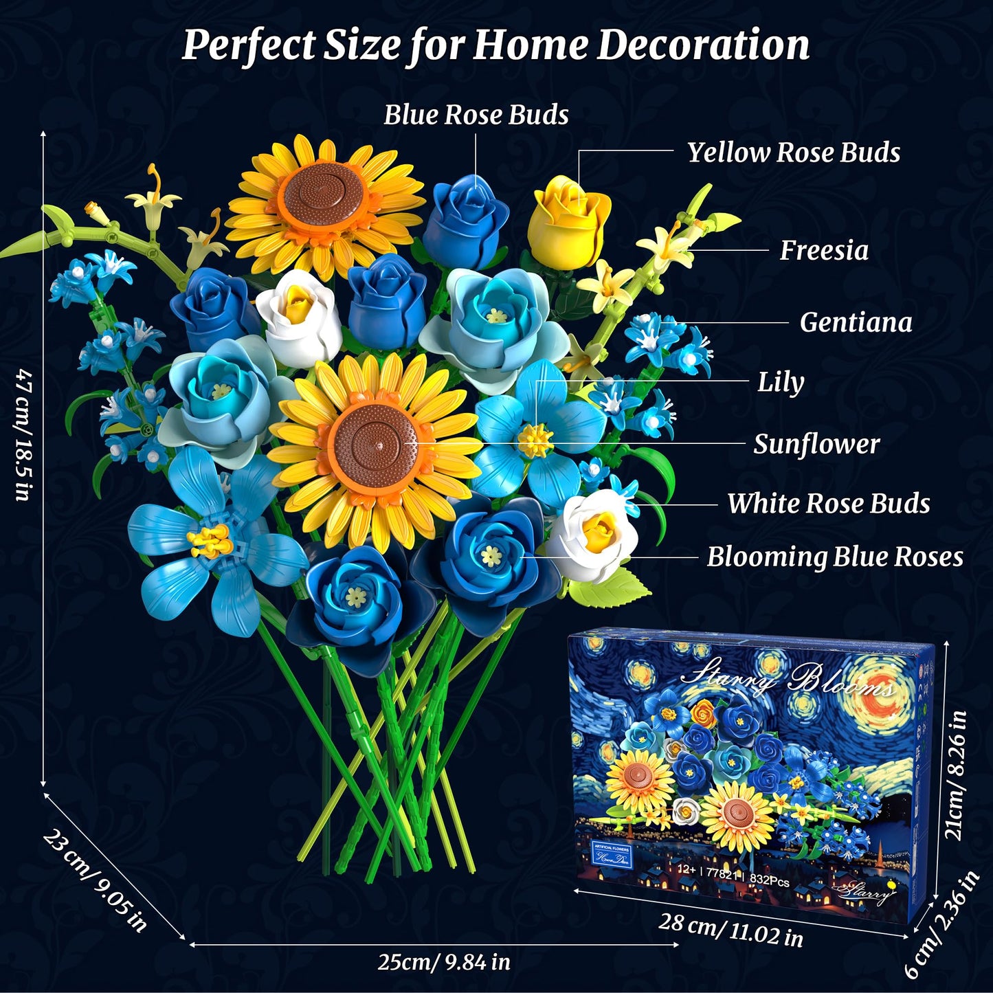 Teefrye Blue Rose Sunflower Building Block Set | Lego-Compatible Gothic Botanical Decor