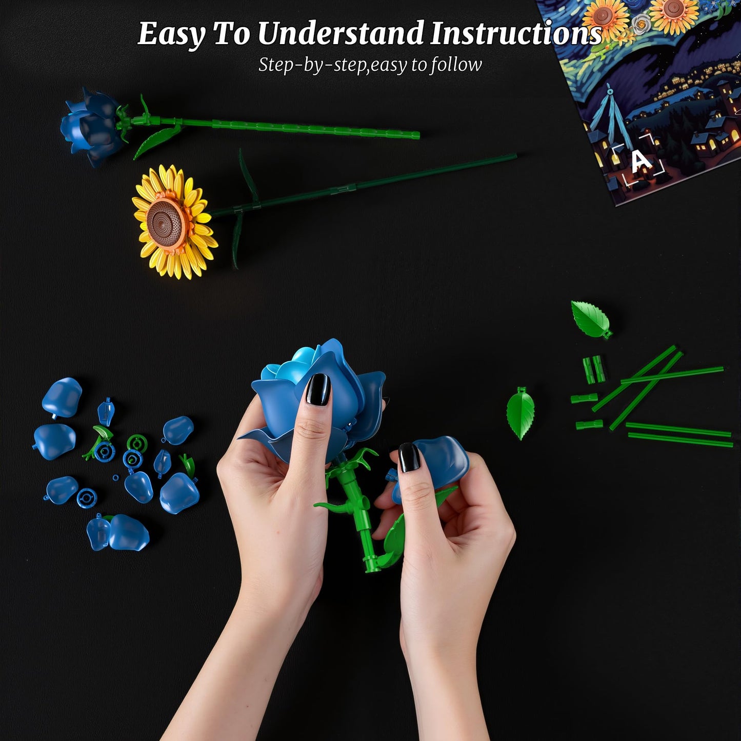 Teefrye Blue Rose Sunflower Building Block Set | Lego-Compatible Gothic Botanical Decor