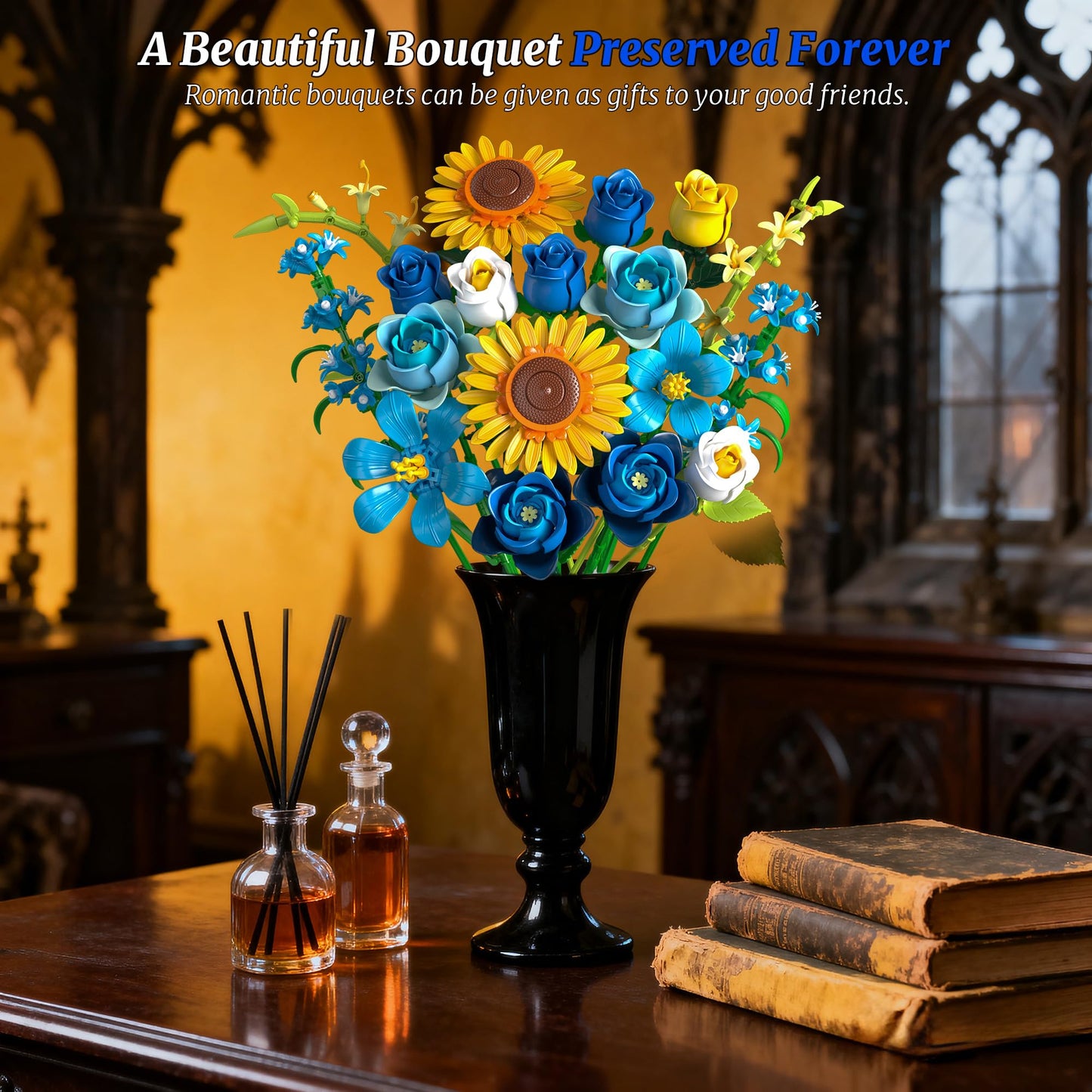 Teefrye Blue Rose Sunflower Building Block Set | Lego-Compatible Gothic Botanical Decor