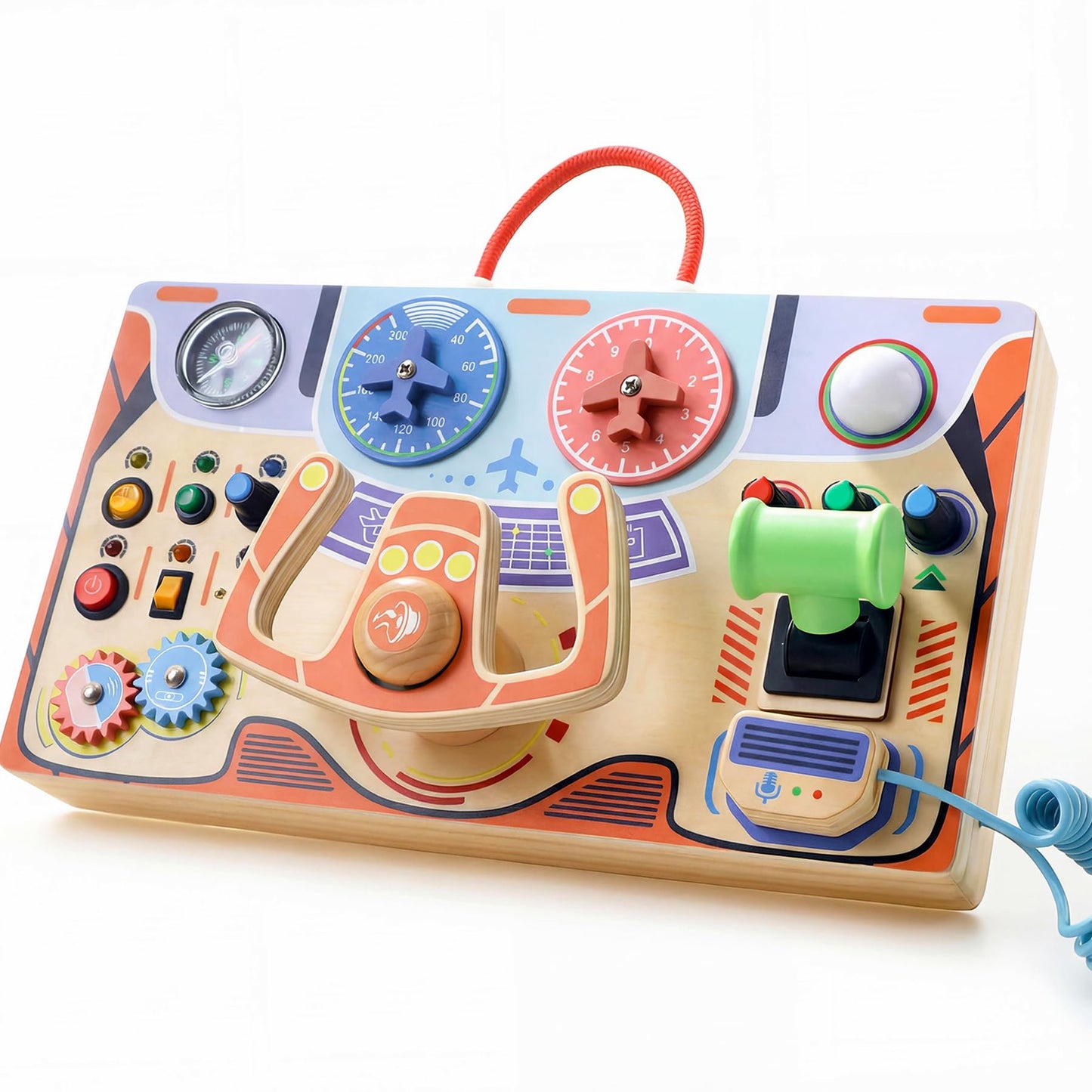 Teekdeer Montessori Busy Board for Toddlers 2-4 | Wooden Sensory Travel Toy with LED Light & Steering Wheel