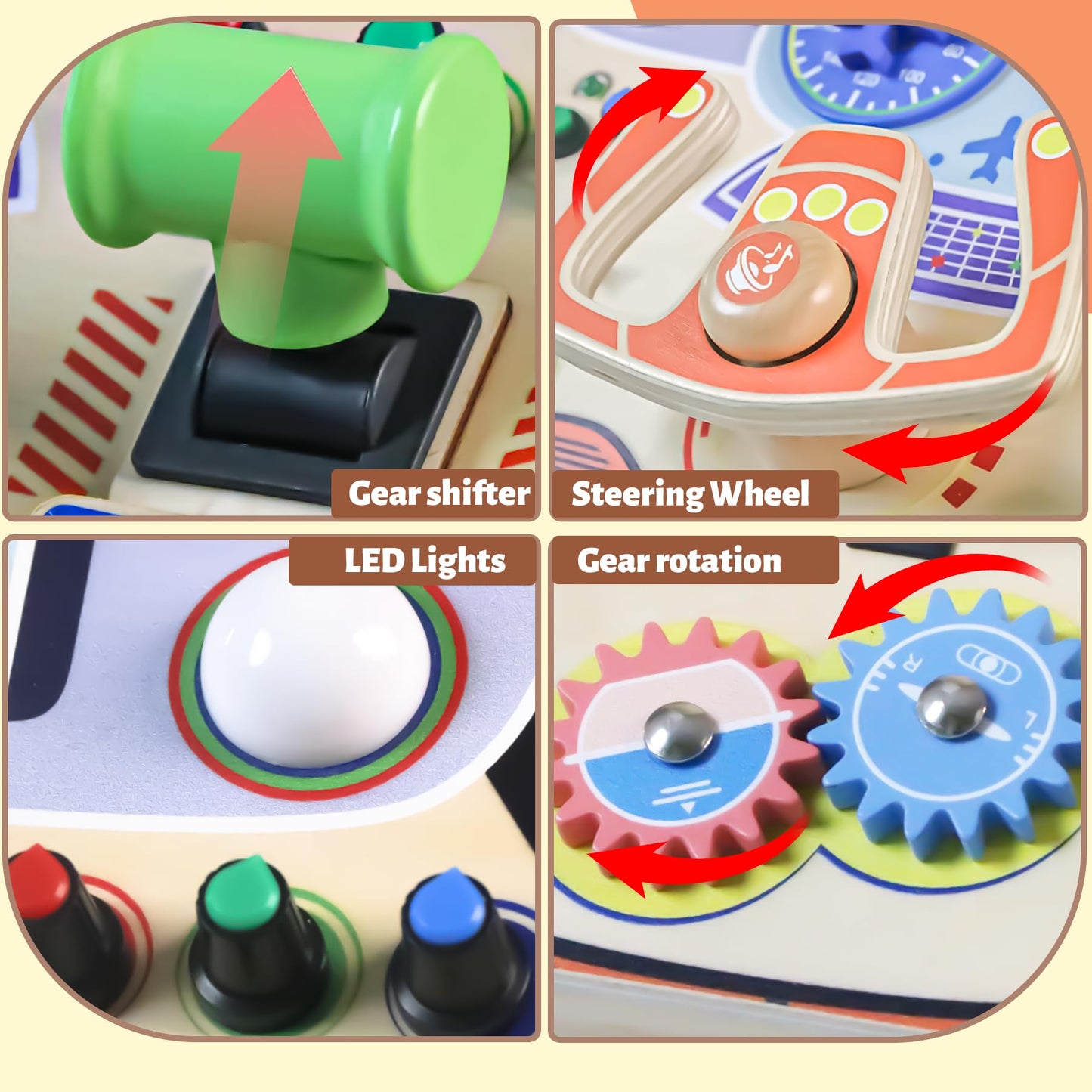 Teekdeer Montessori Busy Board for Toddlers 2-4 | Wooden Sensory Travel Toy with LED Light & Steering Wheel