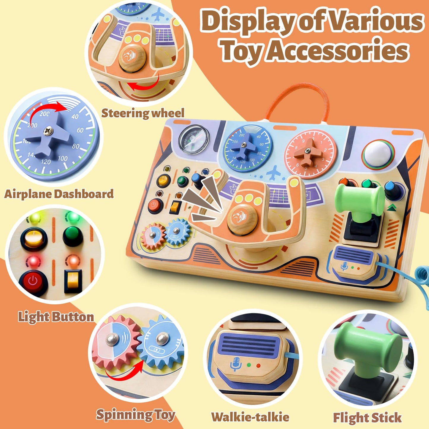 Teekdeer Montessori Busy Board for Toddlers 2-4 | Wooden Sensory Travel Toy with LED Light & Steering Wheel