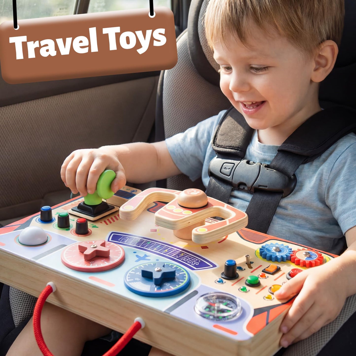 Teekdeer Montessori Busy Board for Toddlers 2-4 | Wooden Sensory Travel Toy with LED Light & Steering Wheel