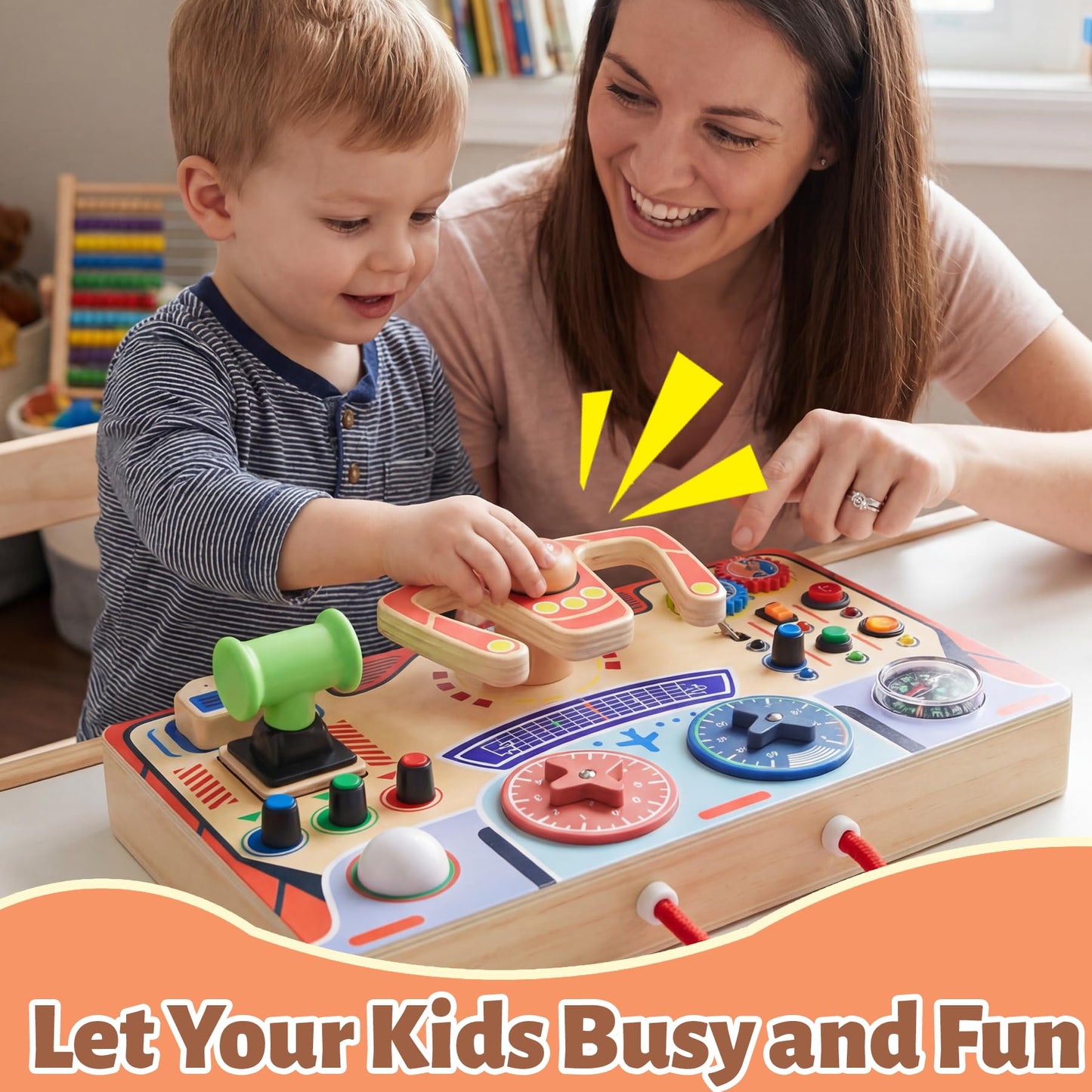 Teekdeer Montessori Busy Board for Toddlers 2-4 | Wooden Sensory Travel Toy with LED Light & Steering Wheel