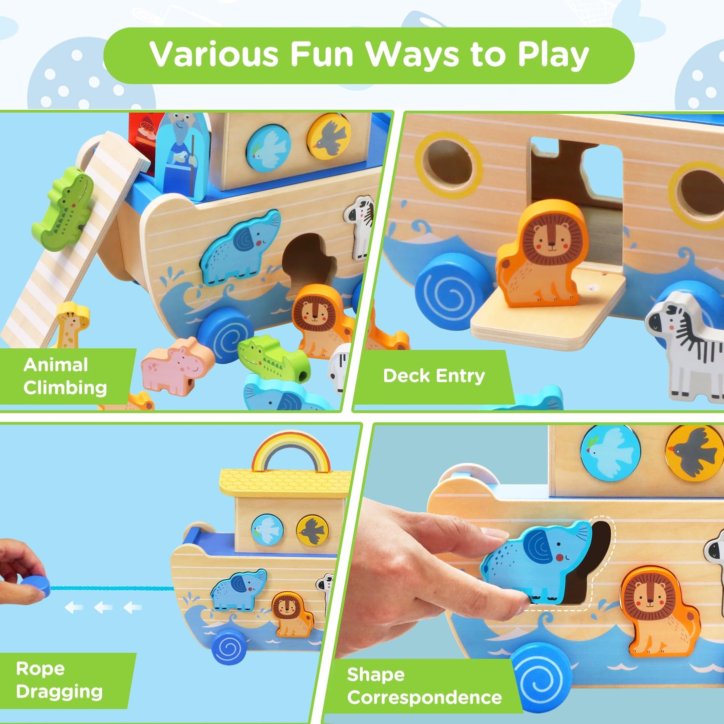 Teekdeer Noahs Ark Toy – Wooden Montessori Ark with Animals | Baptism Gift for Toddlers