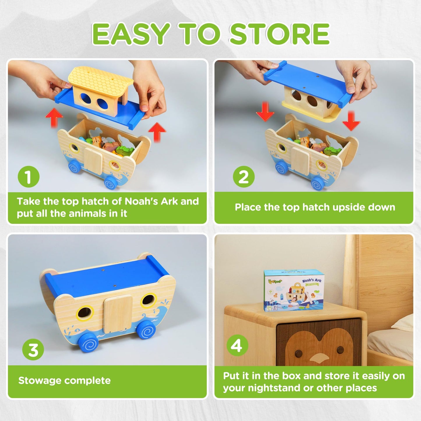 Teekdeer Noahs Ark Toy – Wooden Montessori Ark with Animals | Baptism Gift for Toddlers