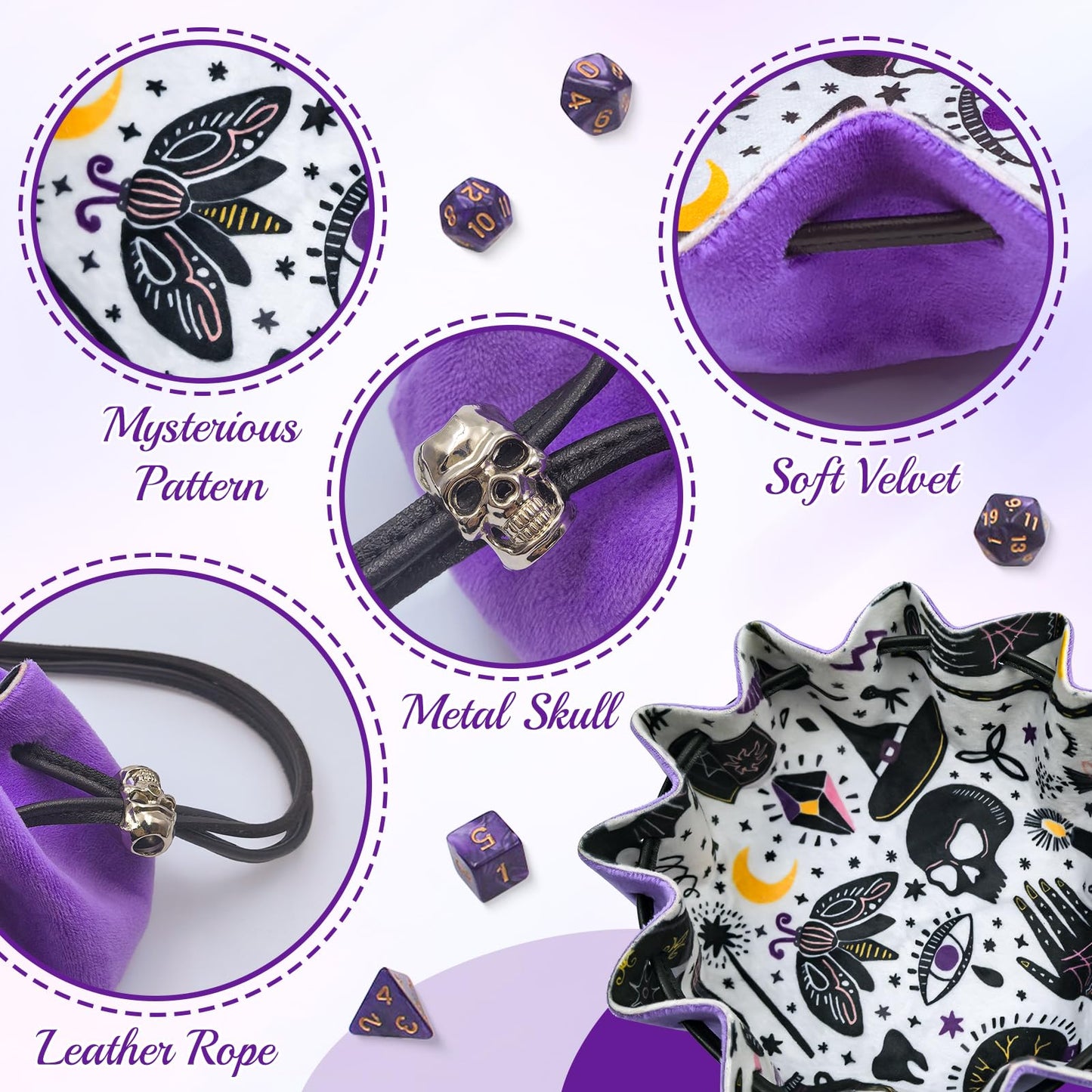 Teeloray DND Dice Bag & Rolling Tray 2-in-1 – Purple Velvet with 7-Dice Set Included