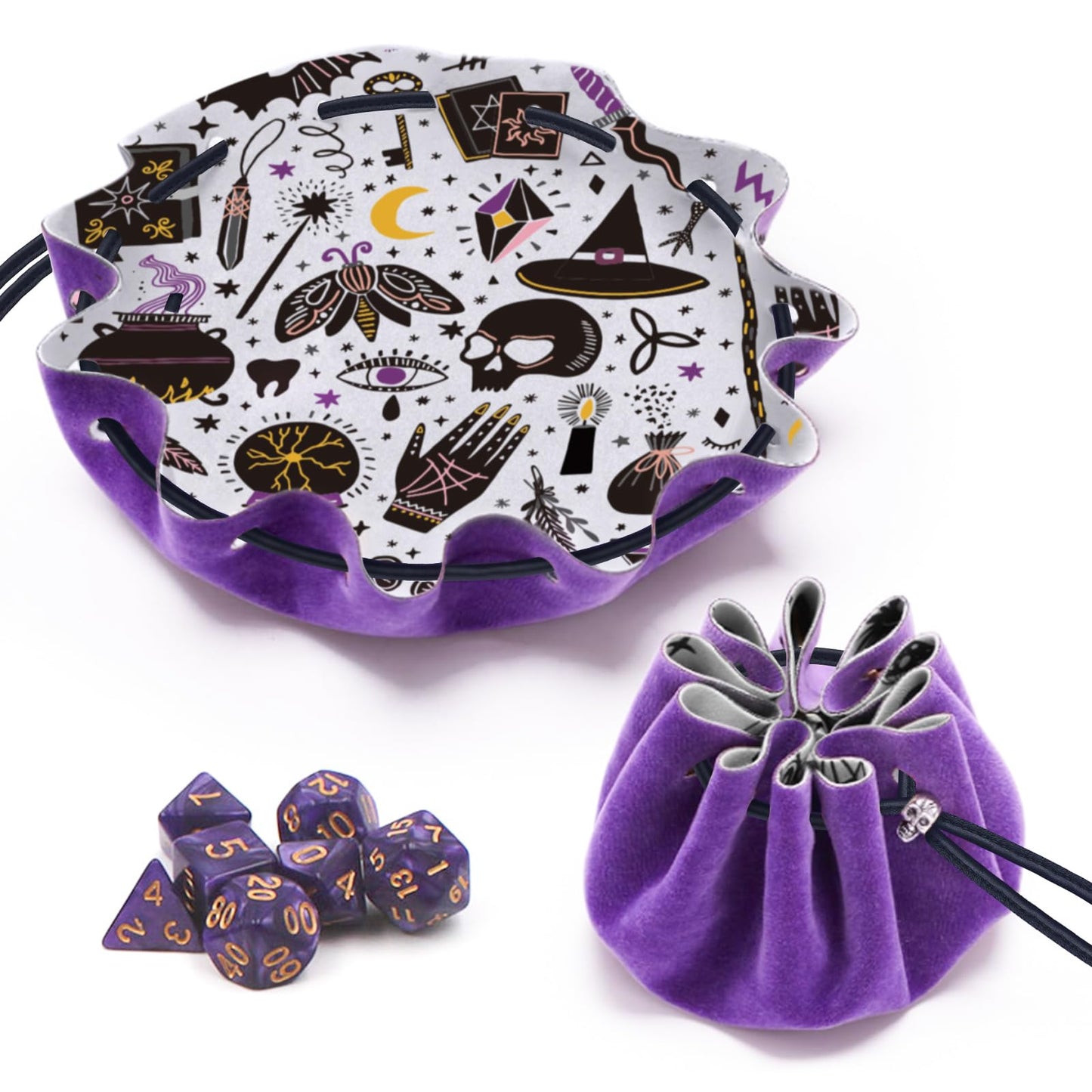 Teeloray DND Dice Bag & Rolling Tray 2-in-1 – Purple Velvet with 7-Dice Set Included