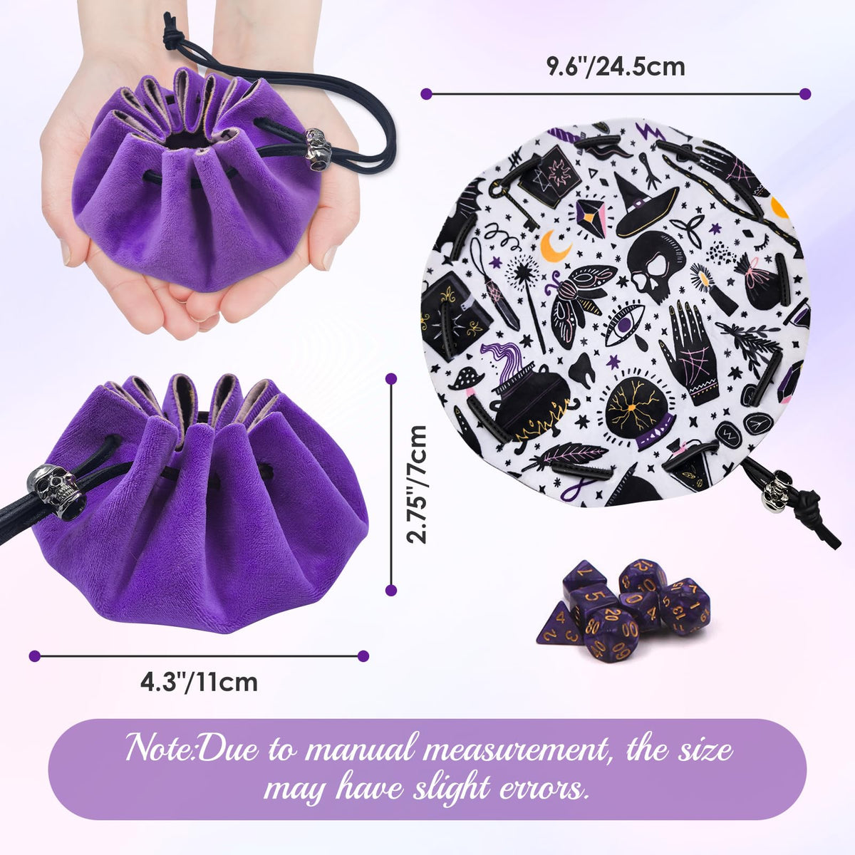 Teeloray DND Dice Bag & Rolling Tray 2-in-1 – Purple Velvet with 7-Dice Set Included