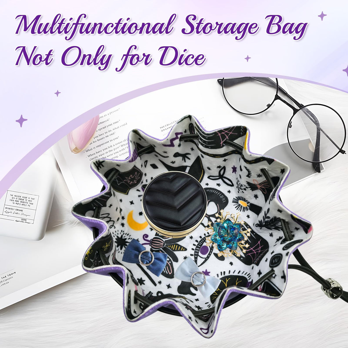 Teeloray DND Dice Bag & Rolling Tray 2-in-1 – Purple Velvet with 7-Dice Set Included
