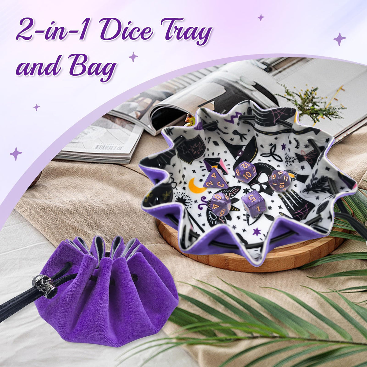Teeloray DND Dice Bag & Rolling Tray 2-in-1 – Purple Velvet with 7-Dice Set Included
