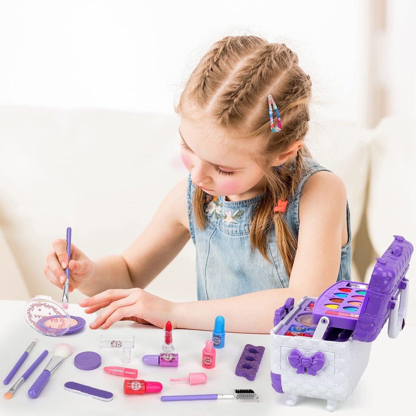 Teensymic 54-Piece Kids Makeup Kit – Washable Toy Makeup Set for Girls (Purple)