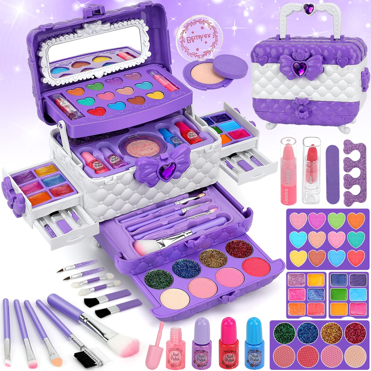 Teensymic 54-Piece Kids Makeup Kit – Washable Toy Makeup Set for Girls (Purple)